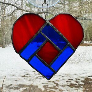 Vintage Stained Glass Heart Suncatcher Patriotic 4th of July Decor Independence